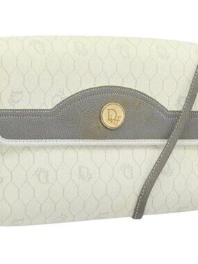 Christian Dior Honeycomb Canvas Shoulder Bag PVC White Gold Auth ARZ226